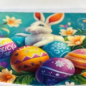 Colorful Easter Bunny & Decorative Eggs Art Print Zippered Pillowcase 14”x 14”